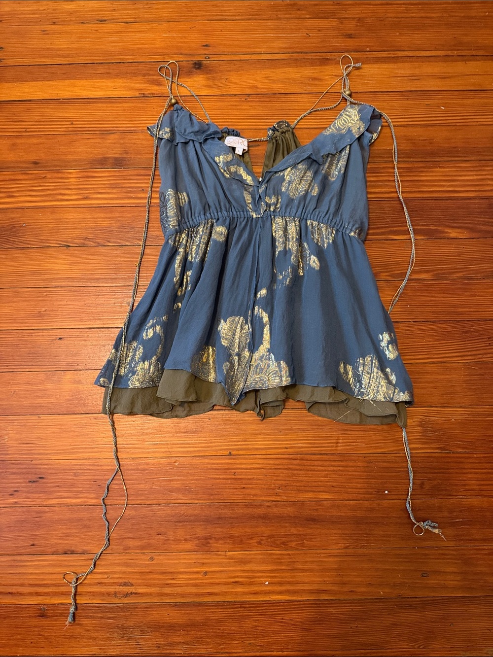 LaRok Blue Silk Camisole with Gold Floral Foil Size Large